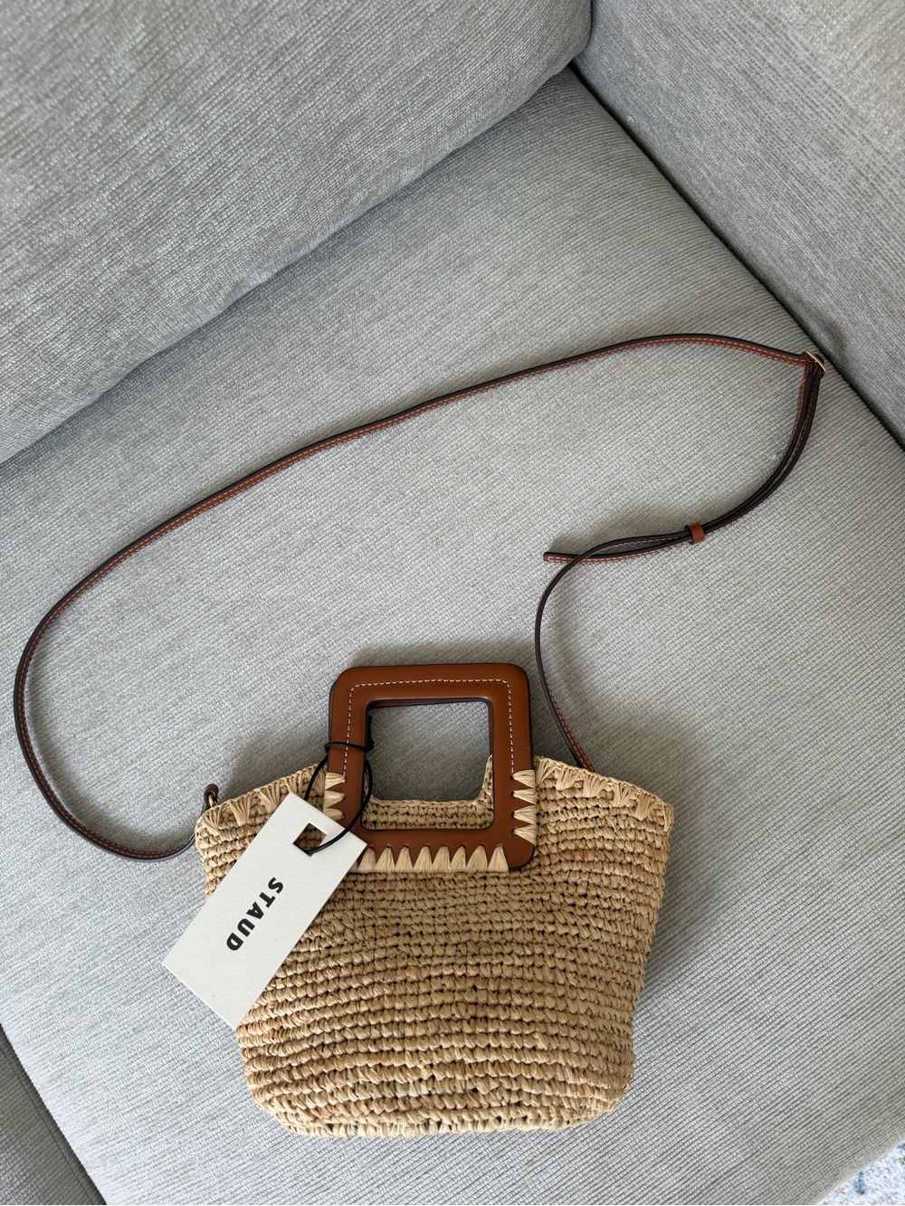 STAUD Shirley Raffia Tote Bag with Brown Square Handles - Picture 3 of 3